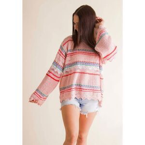 POL Rise and Fall Pink Knit Stripe Sweater Boho Preppy Femme